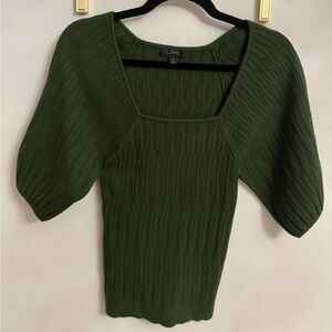 J. Crew Square Neck Green Ribbed Blouson 3/4 Sleeve Sweater Blouse Top